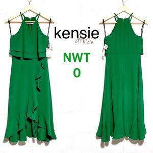 NWT (0) kensie dresses bold emerald green gold hardware choker halter flounce